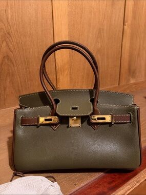 Two-Tone Olive & Brown Leather Top-Handle Bag